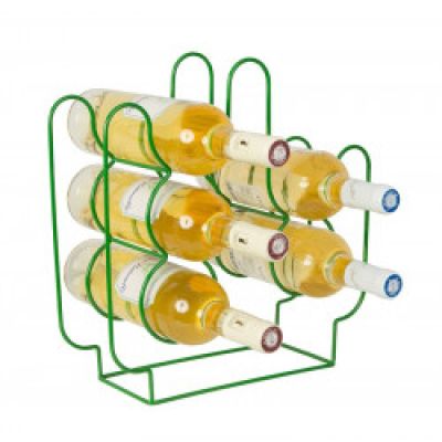bottles of wine are stacked in a metal holder on a white background