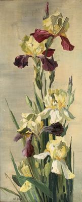 a painting of flowers in a vase on a table
