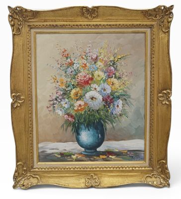peinture d'un vase de fleurs sur une table dans un cadre doré