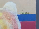 an oil painting of a white bird sitting on top of a red and blue box