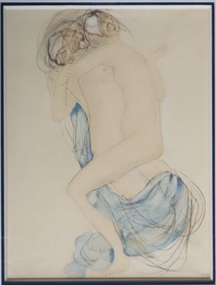 painting of a woman sitting on a stool with her back to the camera