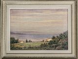 an oil painting of a landscape with houses and a body of water in the distance