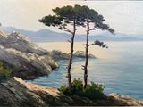 tableau représentant deux arbres sur une falaise rocheuse surplombant l'océan