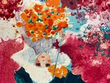 a painting of a woman with flowers in a vase