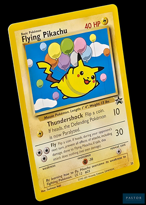 carte Pokémon jaune représentant un Pikachu volant dans le ciel