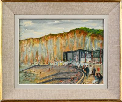 painting of a painting of a beach scene with people walking on the beach