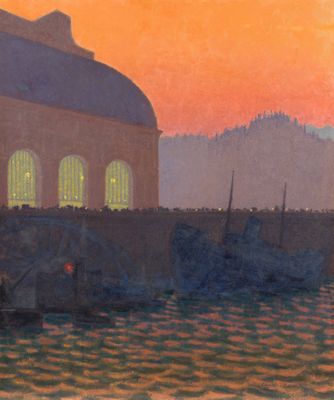 l'image d'une peinture représentant un bateau dans un plan d'eau
