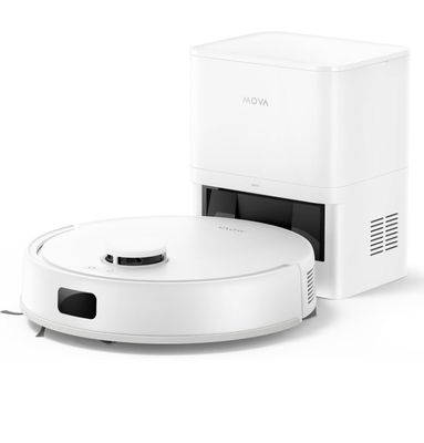 une image représentant un aspirateur robot blanc et une boîte blanche
