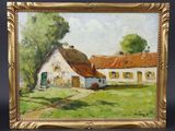 une peinture à l'huile représentant une ferme au toit de chaume, dans un cadre doré