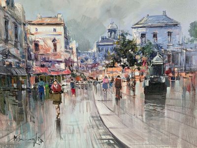 a painting of a city street with people walking in the rain