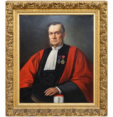 an oil painting of a man in a red robe and black mantler