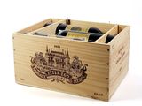 a wooden box with two bottles of wine in it