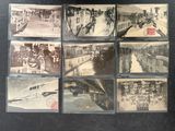 several old black and white photographs of people in a train station