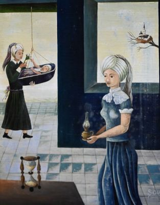 painting of a woman in a blue dress holding a baby in a cradle and another woman in a blue dress holding a baby in a cradle