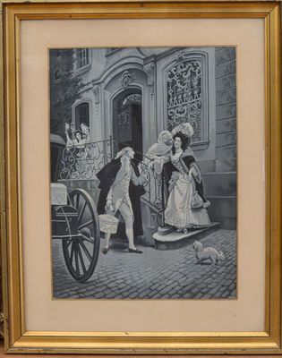 framed black and white drawing of a man and a woman with a dog