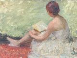tableau représentant une femme assise sur un lit, en train de lire un livre