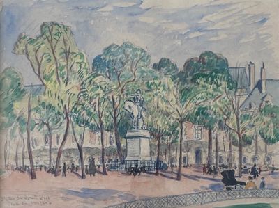 tableau représentant une vue d'un parc, avec une calèche au premier plan et un bâtiment à l'arrière-plan