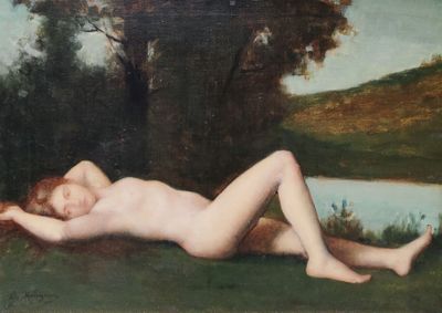 tableau représentant une femme nue allongée dans l'herbe au bord d'un plan d'eau