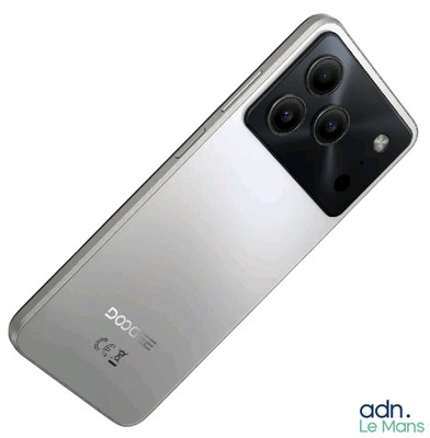 the back of a silver phone with a camera on top of it