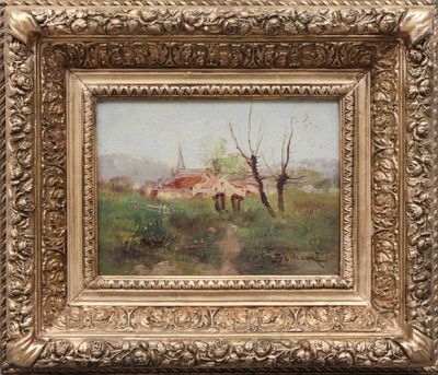 an oil painting of a farm scene in a gold frame