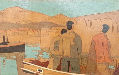un tableau représentant deux hommes debout près d'un bateau sur l'eau