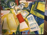 a painting of a man reading a book on a table