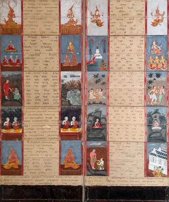 a picture of a wall with many paintings on it
