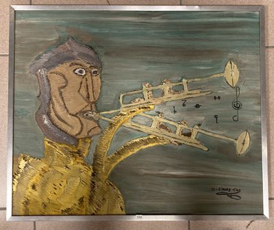 un tableau représentant un homme jouant de la trompette, accroché au mur
