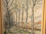 a painting of a country road with trees in the foreground