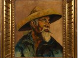a painting of a man wearing a straw hat and a blue shirt
