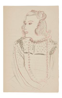 un dessin représentant une femme vêtue d'une robe ornée de perles