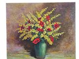 a painting of flowers in a green vase on a table