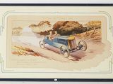 painting of a vintage car driving down a dirt road with a man sitting in the driver ' s seat
