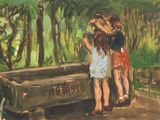 un tableau représentant deux jeunes filles debout près d'un banc
