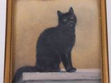 tableau représentant un chat noir assis sur un rebord, dans un cadre doré