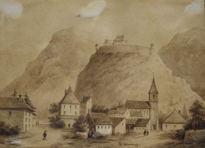 un dessin représentant un château sur une colline, avec une montagne en arrière-plan