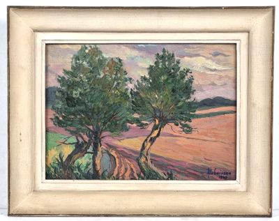 an oil painting of two trees in a field with a sky background