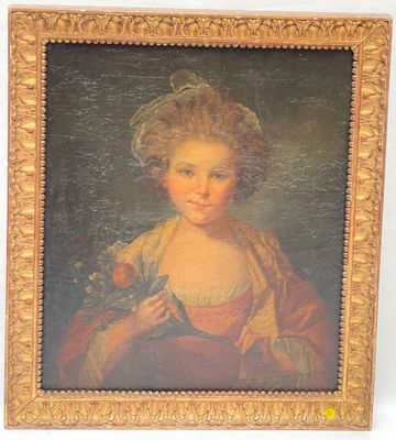 un vieux tableau représentant une femme en robe rouge tenant une fleur