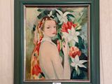 a painting of a woman with flowers on the wall