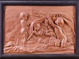 relief of a nativity scene in a wood frame