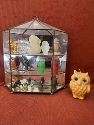 une vitrine en verre à côté de laquelle se trouve une petite figurine de hibou