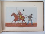 a drawing of a man riding a horse with a flag on it