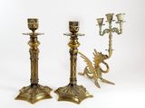 pair of antique brass candlesticks with dragon handles