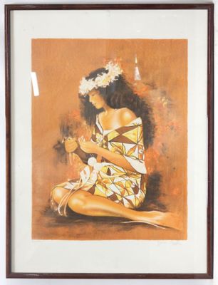 painting of a woman sitting on the ground with a flower in her hair