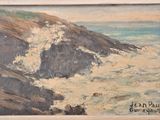 an oil painting of a rocky coast with waves crashing against the shore