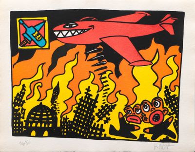 tableau représentant un avion rouge survolant une ville, avec des flammes en arrière-plan