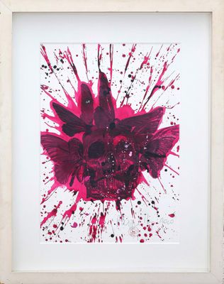 painting of a flower with red paint splattered on it in a white frame