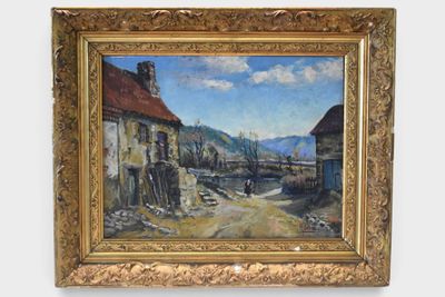 an oil painting of a village scene in a gold frame on a white wall