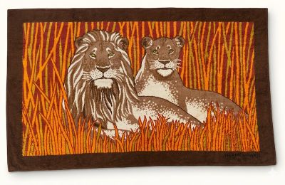 two lions in a field of tall grass on a brown and orange background