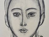 pencil drawing of a woman ' s face with a ponytail